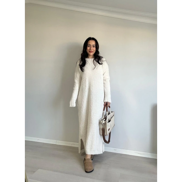 Bisiklet Yaka Buklet Elbise Krem