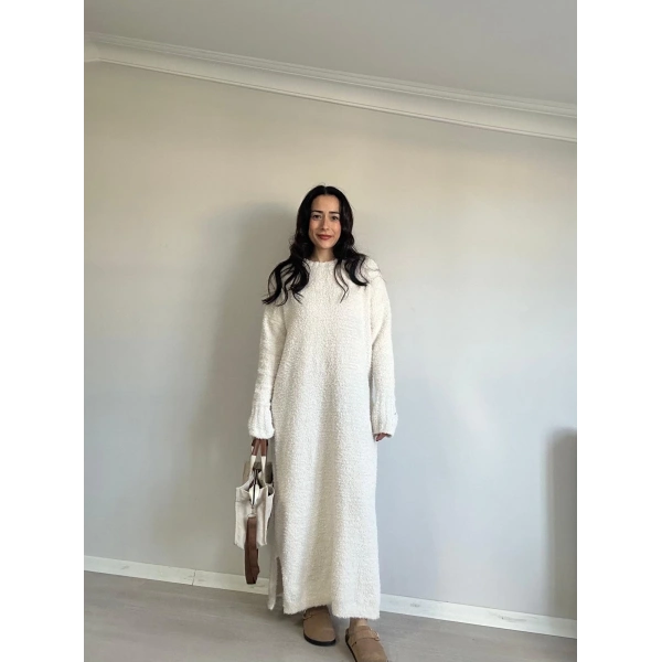 Bisiklet Yaka Buklet Elbise Krem