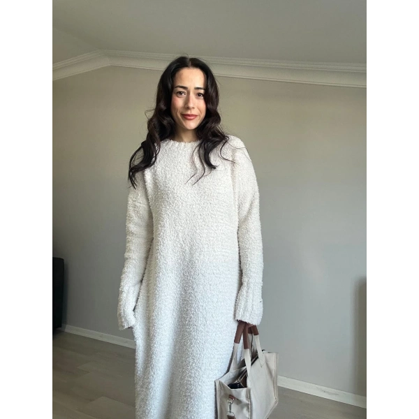 Bisiklet Yaka Buklet Elbise Krem