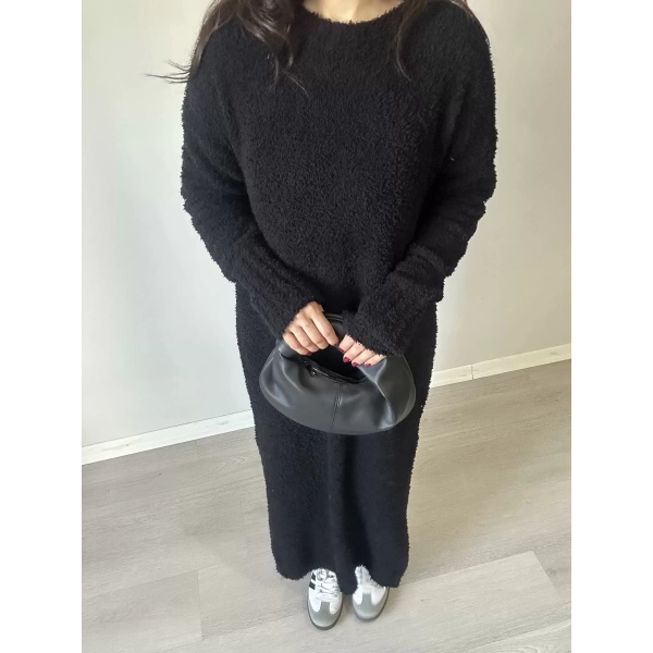 Bisiklet Yaka Buklet Elbise Siyah