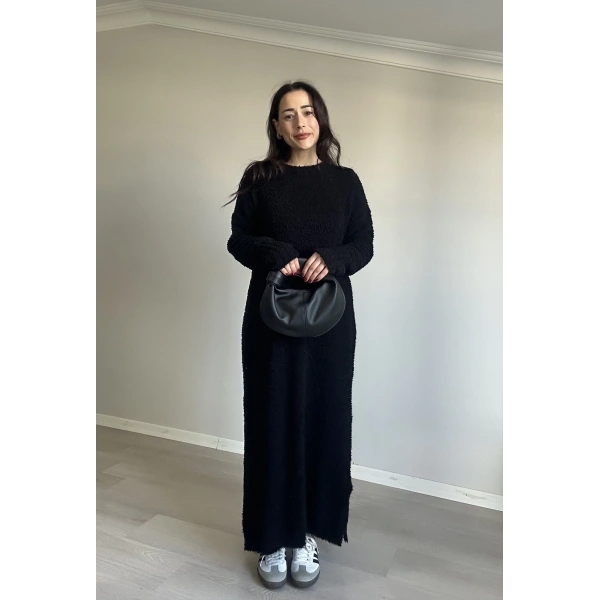 Bisiklet Yaka Buklet Elbise Siyah