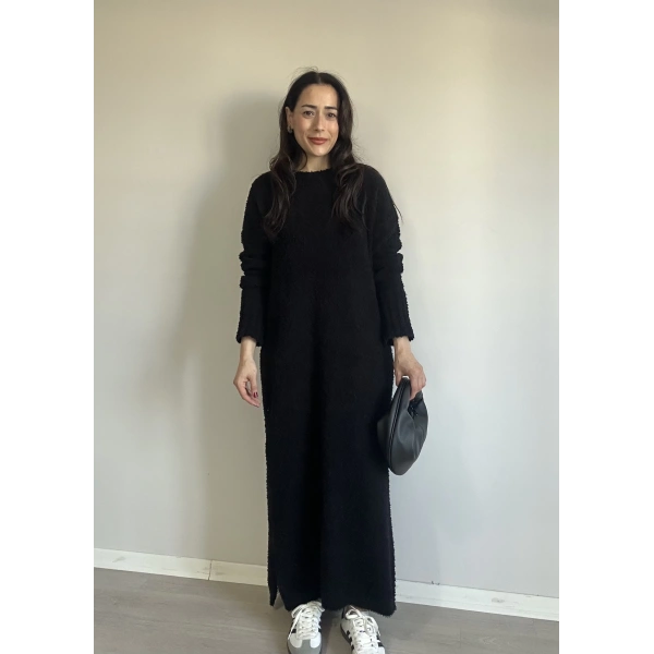 Bisiklet Yaka Buklet Elbise Siyah