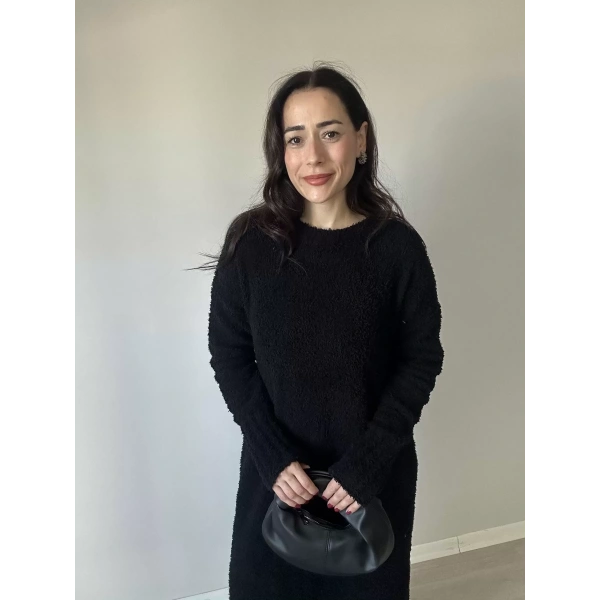 Bisiklet Yaka Buklet Elbise Siyah