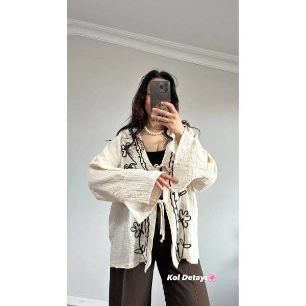 Çiçek Desen Müslin Kimono Bej