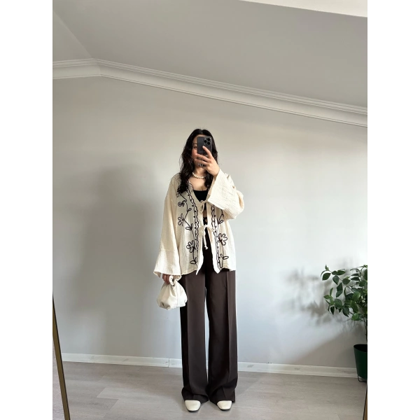 Çiçek Desen Müslin Kimono Bej