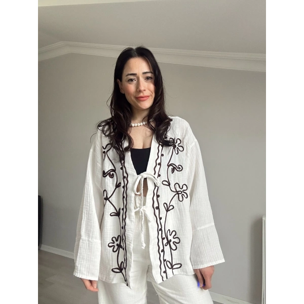 Çiçek Desen Müslin Kimono Beyaz