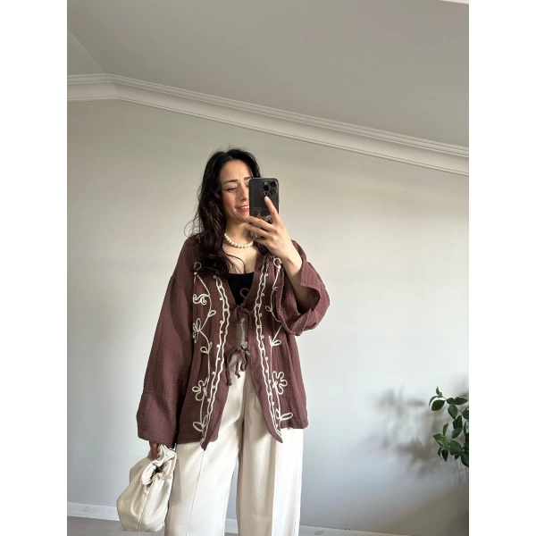 Çiçek Desen Müslin Kimono Kahve
