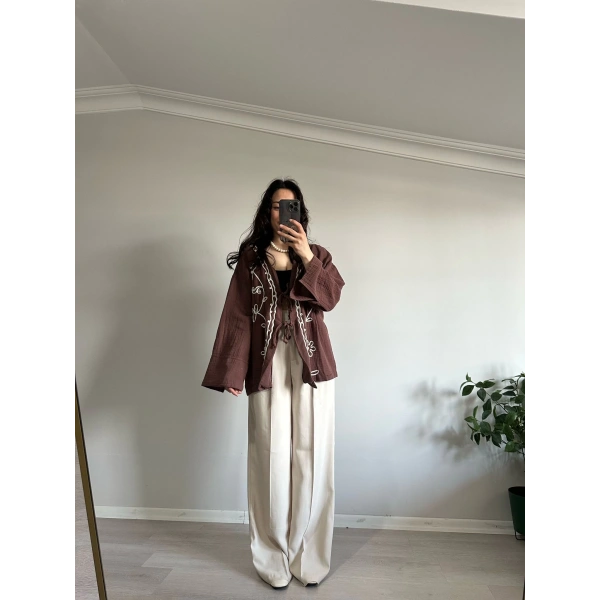 Çiçek Desen Müslin Kimono Kahve