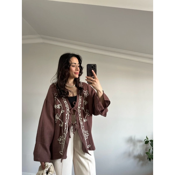 Çiçek Desen Müslin Kimono Kahve