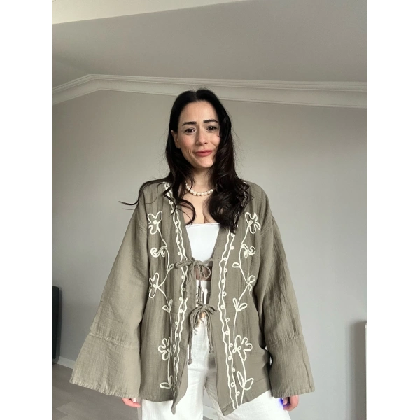 Çiçek Desen Müslin Kimono Yeşil