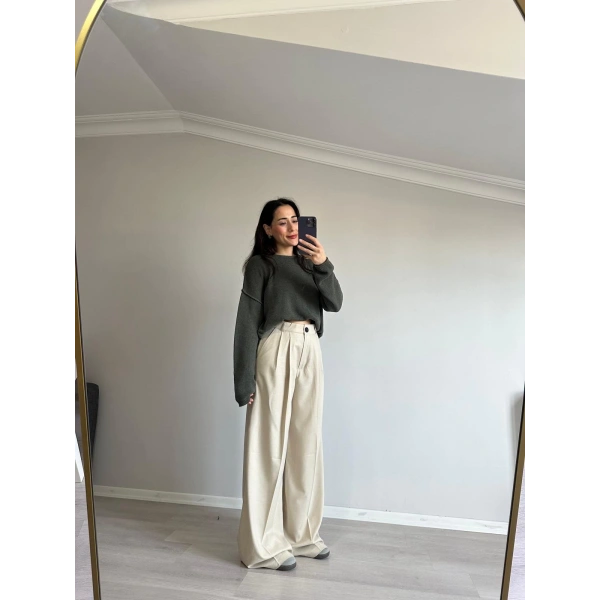 Çift Pile Palazzo Kumaş Pantolon Bej