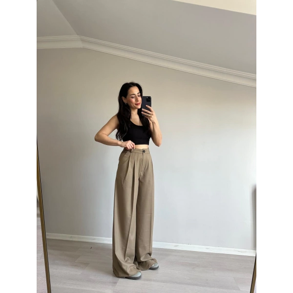 Çift Pile Palazzo Kumaş Pantolon Yeşil