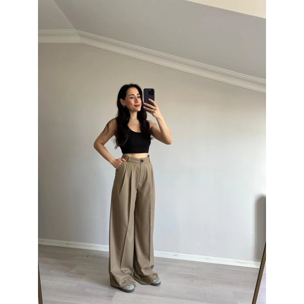 Çift Pile Palazzo Kumaş Pantolon Yeşil