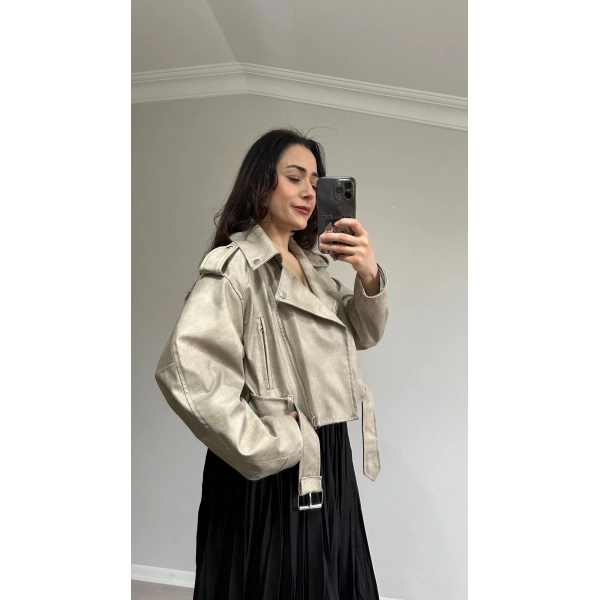 Eskitme Deri Ceket Bej