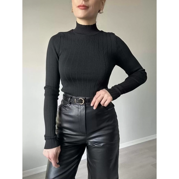 Fitilli Yarım Balıkçı Siyah Triko Badi