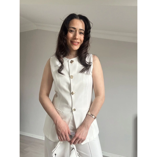 Geometrik Düğme Yelek Takım Beyaz