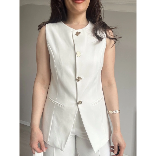 Geometrik Düğme Yelek Takım Beyaz