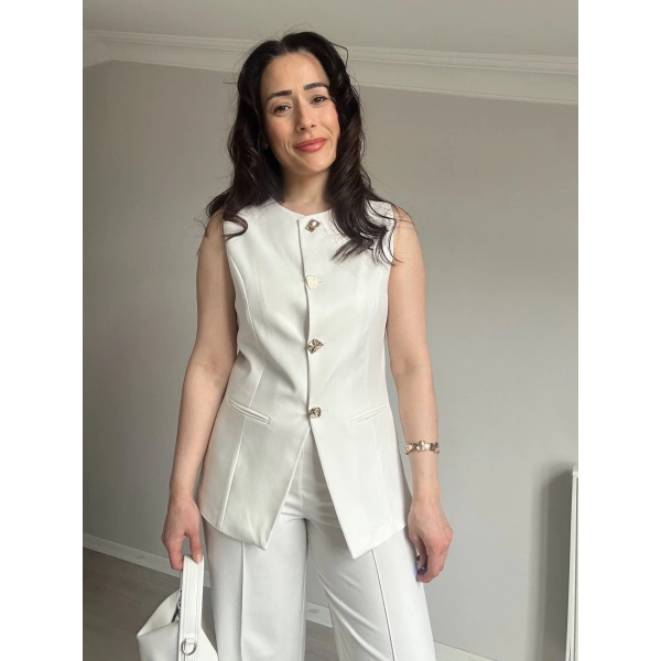 Geometrik Düğme Yelek Takım Beyaz