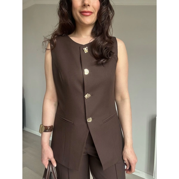 Geometrik Düğme Yelek Takım Kahverengi