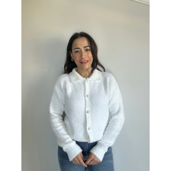 İnci Düğmeli Triko Hırka Beyaz