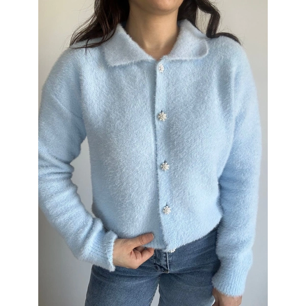 İnci Düğmeli Triko Hırka Mavi