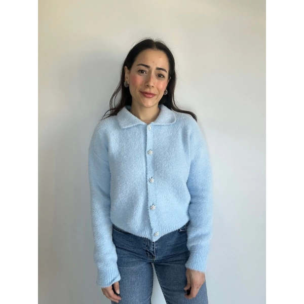 İnci Düğmeli Triko Hırka Mavi