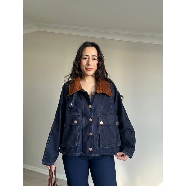 Kadife Yaka Detaylı Kot Ceket