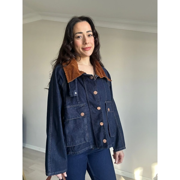 Kadife Yaka Detaylı Kot Ceket