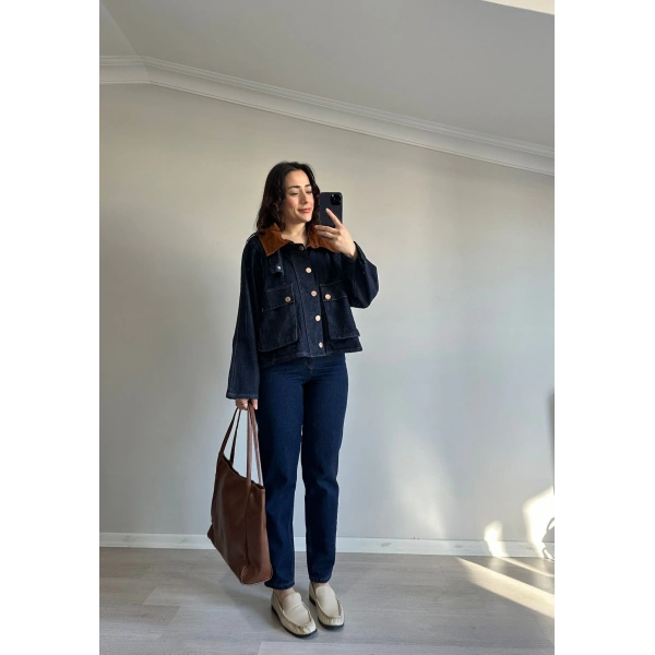 Kadife Yaka Detaylı Kot Ceket