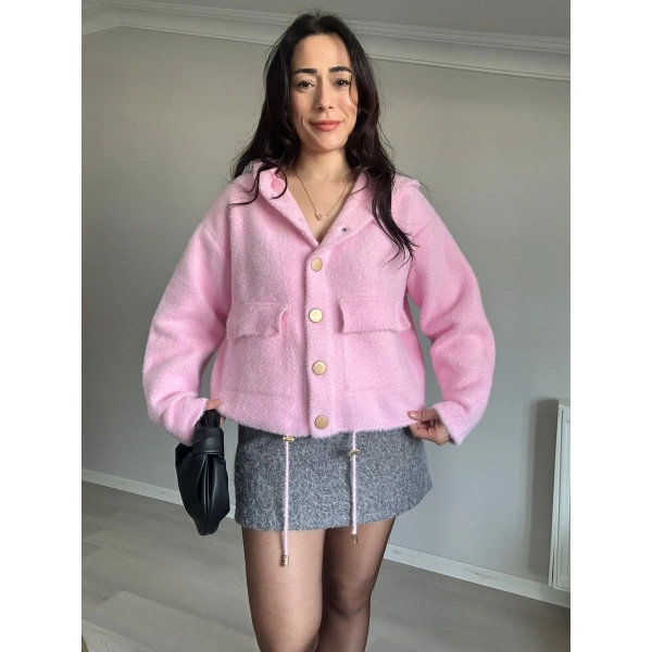 Kapüşonlu Cepli Yumoş Ceket Pembe