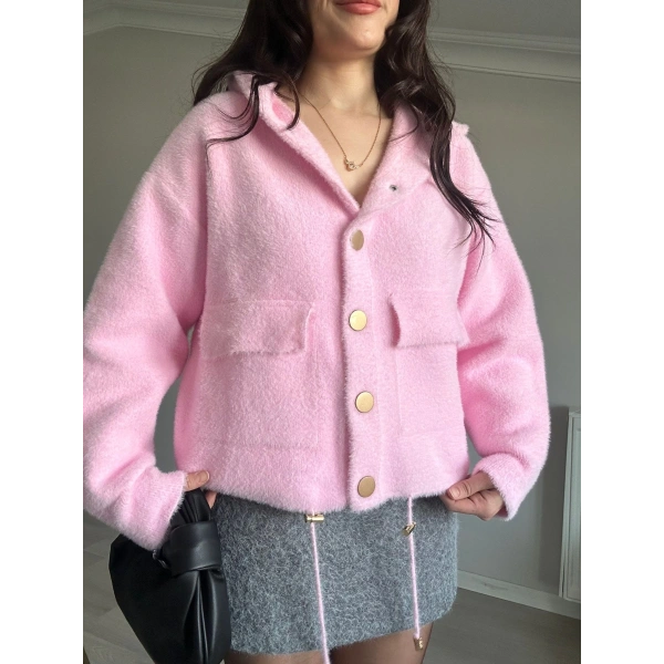 Kapüşonlu Cepli Yumoş Ceket Pembe