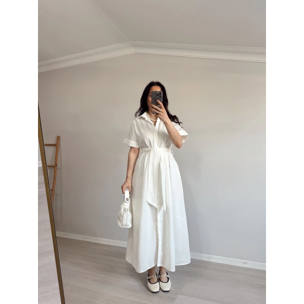Keten Gömlek Elbise Beyaz