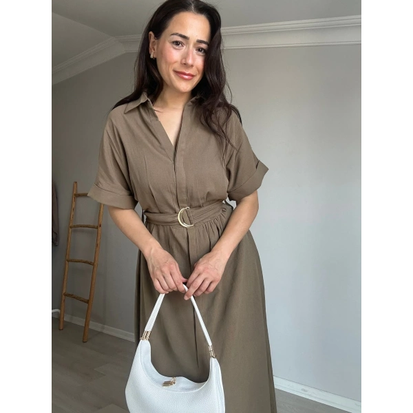 Keten Gömlek Elbise Haki