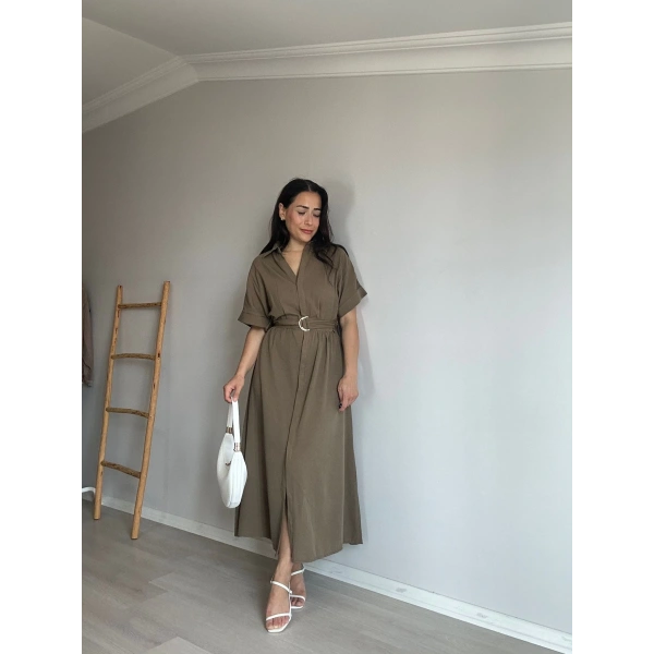 Keten Gömlek Elbise Haki