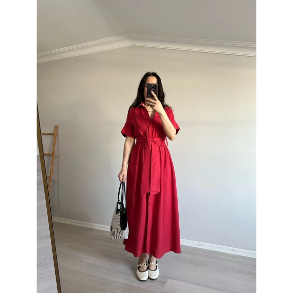 Keten Gömlek Elbise Kırmızı