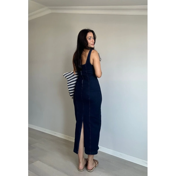 Midi Boy Yırtmaçlı Denim Elbise