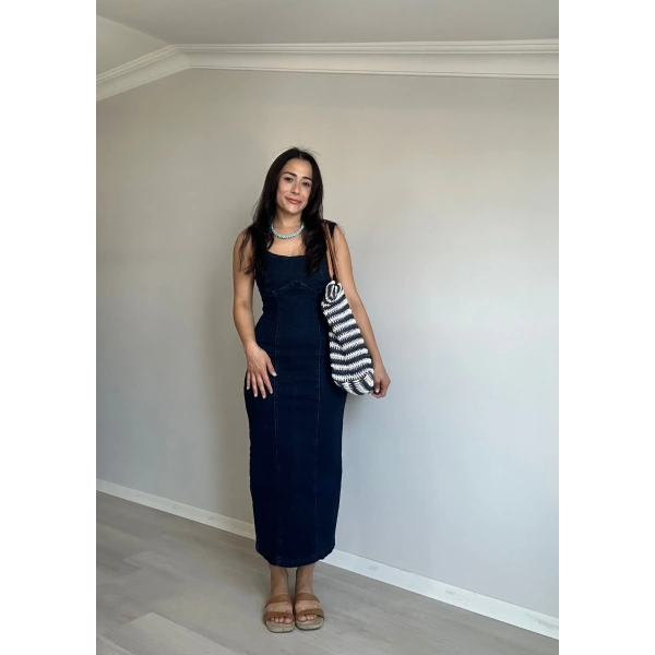 Midi Boy Yırtmaçlı Denim Elbise