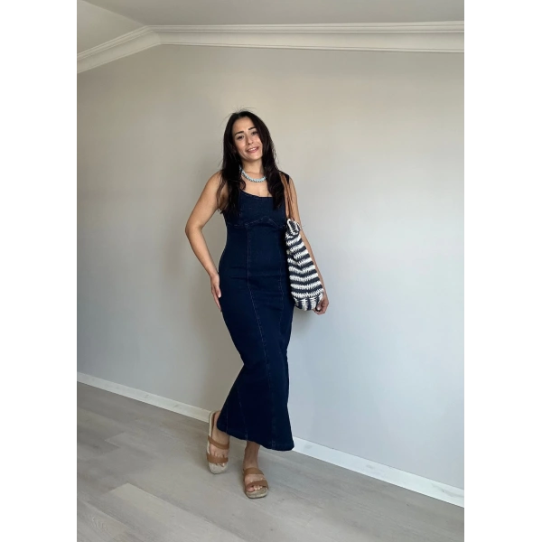 Midi Boy Yırtmaçlı Denim Elbise