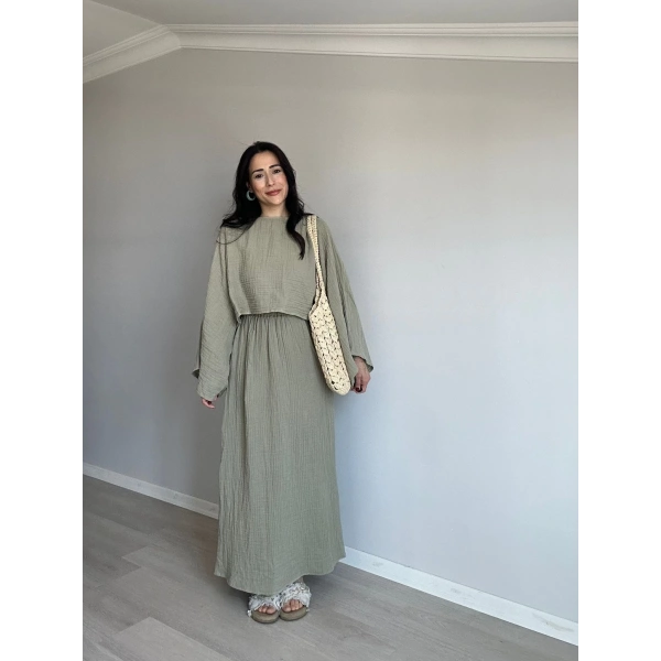 Müslim Kumaş Etek Takım Haki