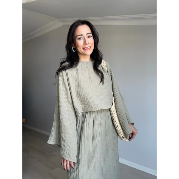 Müslim Kumaş Etek Takım Haki