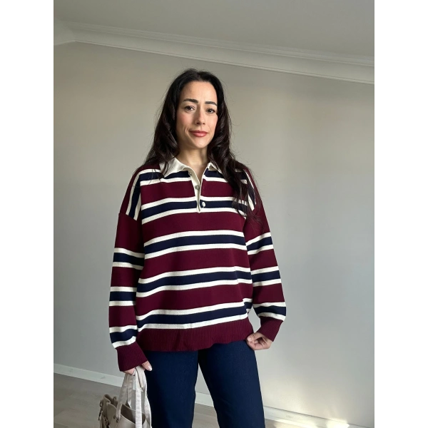 Polo Yaka Çizgili Kazak