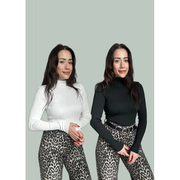 Siyah Beyaz 2li Yarım Balıkçı Fitilli Triko Badi