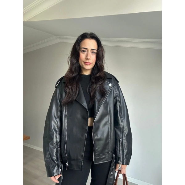 Siyah Deri Biker Ceket