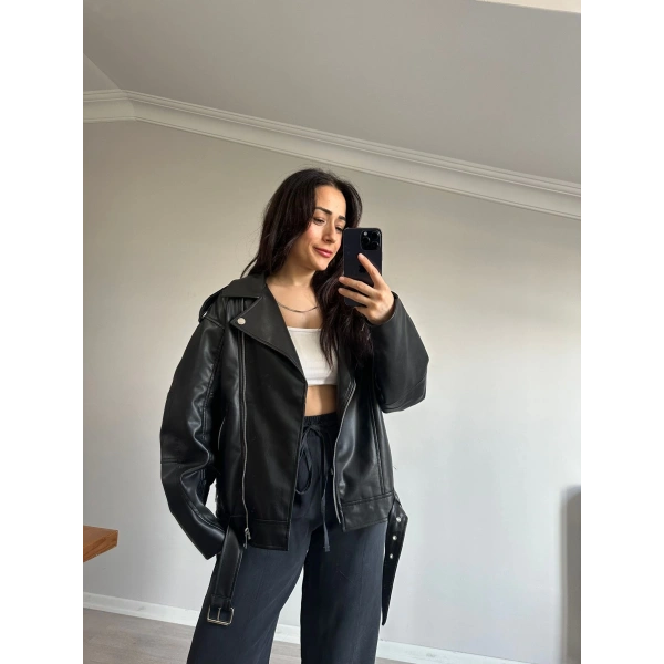 Siyah Deri Biker Ceket