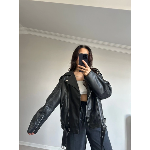 Siyah Deri Biker Ceket