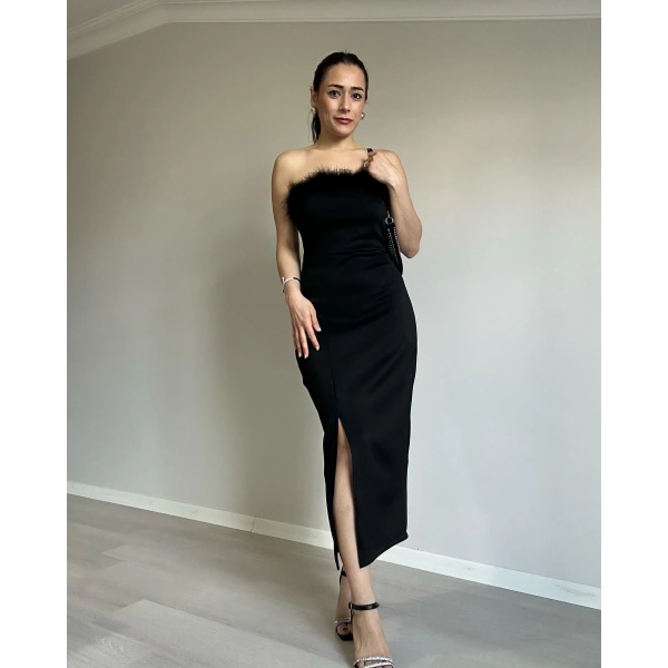 Straplez Tüylü Elbise