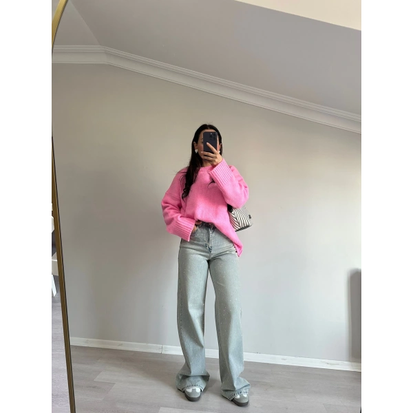 Taşlı Açık Tint Yıkamalı Palazzo Jean