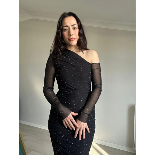 Taşlı Tül Detay Elbise