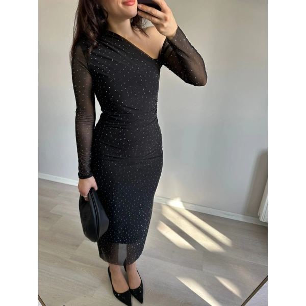 Taşlı Tül Detay Elbise