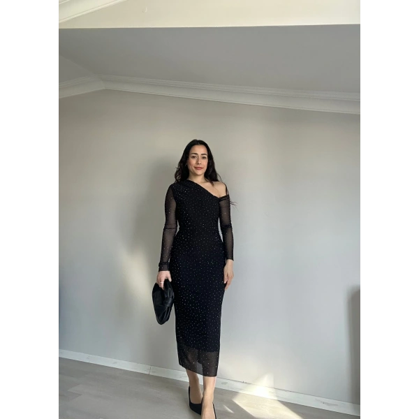 Taşlı Tül Detay Elbise